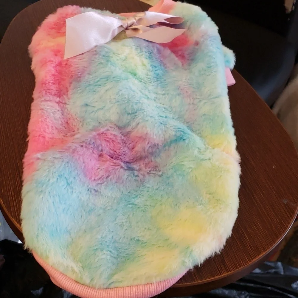 Yikeyo Tie Dye Fleece Coat in Pink, Blue, Purple and Yellow with a Bow Size L